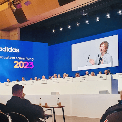 Das Video einer Rednerin ist auf blauen Hintergrund projiziert. Davor sitzen mehrere Personen auf einem Podium.