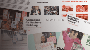 Verschiedene Screenshots von Newslettern der Kampagne für Saubere Kleidung liegen übereinander