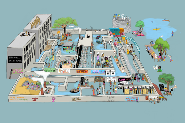 Wimmelbild: Auswege aus dem Konsum- und Wachstumslabyrinth 1 Wimmelbild mit Gebäuden, Straßen und ein paar wenigen Bäumen