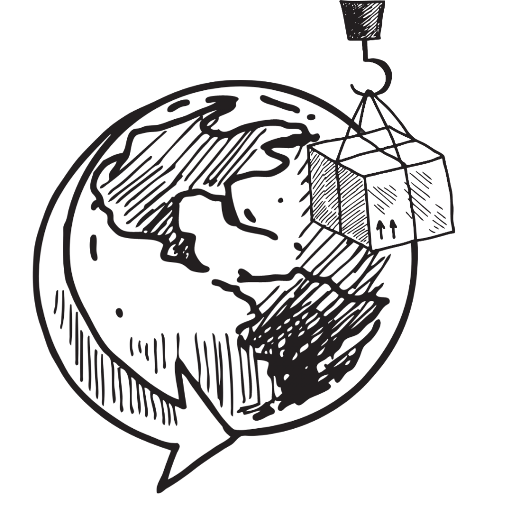 Konsumverhalten ändern! 5 Gezeichnete Erdkugel, in der rechten Ecke oben hängt ein Haken mit einem Paket