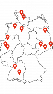 Kampagne für Saubere Kleidung | Clean Clothes Campaign Germany 23 Deutschlandkarte mit roten Ortsmarken