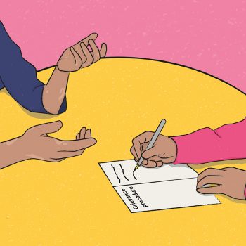 Indien: Angst vor Beschwerden in der Schuhbranche 4 Zeichnung eines gelben Tisches, man sieht die Arme zweier Personen