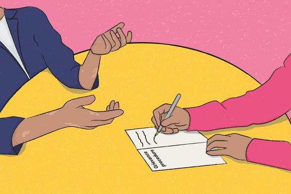 Zeichnung eines gelben Tisches, man sieht die Arme zweier Personen