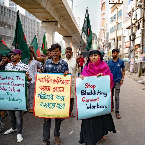 Bangladesch im Umbruch: Die Folgen der Proteste 2 Menschen laufen in einer Straße und halten Plakate und Fahnen hoch.