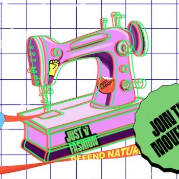 Grafik mit einer rosafarbenen Nähmaschine und Stickern.